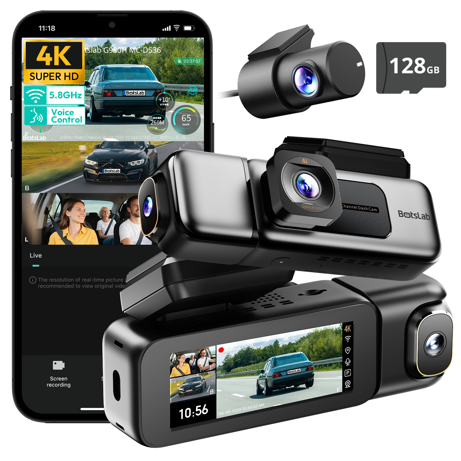Botslab Dash Cam G980H Multi Channel-3 Cameras