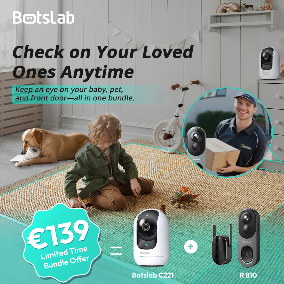 Smart Home Bundle- Botslab Video Doorbell R810 & Indoor Security Camera C221